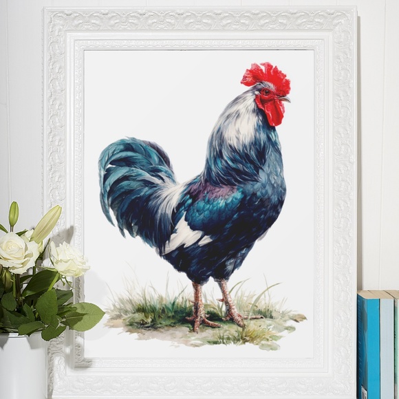 Watercolor Blue Rooster Portrait Wall Art Print Poster Unframed - Bird Artwork - Picture 6 of 6